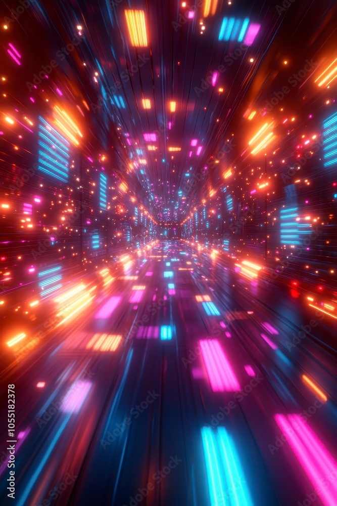 Futuristic High-Speed Neon Tunnel with Glowing Digital Panels and Holographic Effects Futuristic High-Speed Neon Tunnel with Glowing Digital Panels and Holographic Effects