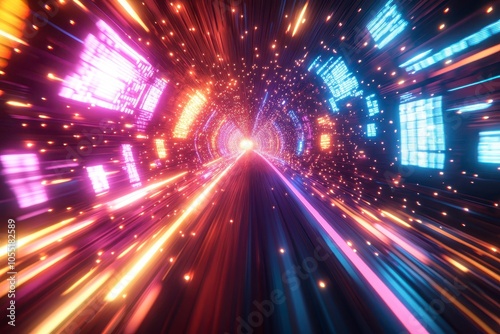 Futuristic High-Speed Neon Tunnel with Glowing Digital Panels and Holographic Effects