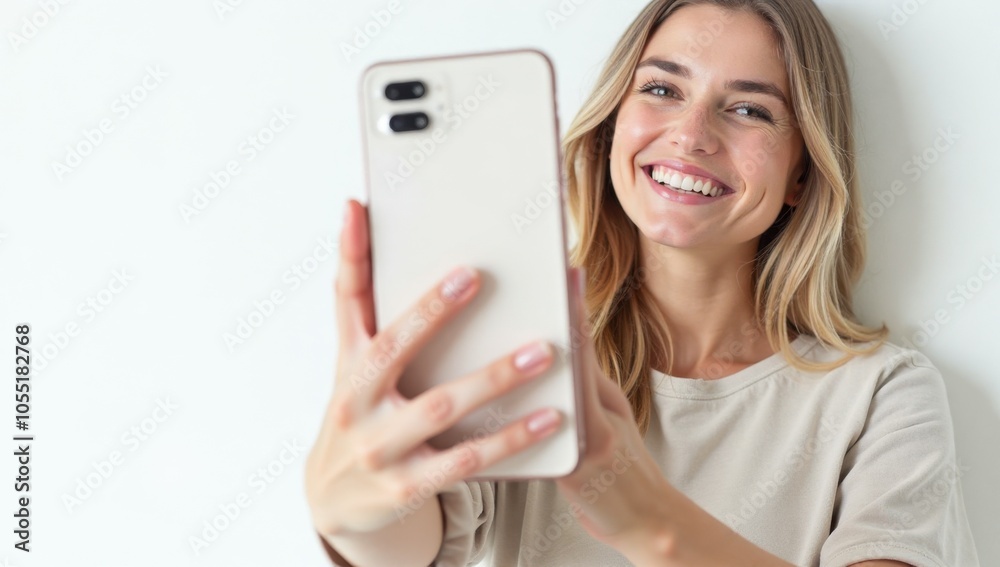Horizontal banner of young student girl in glasses, looking aside with smile as if dreaming with smartphone in hands Horizontal banner of young student girl in glasses, looking aside with smile as if dreaming with smartphone in hands