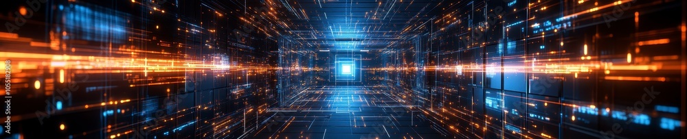 Futuristic High-Speed Neon Tunnel with Glowing Digital Panels and Holographic Effects Futuristic High-Speed Neon Tunnel with Glowing Digital Panels and Holographic Effects