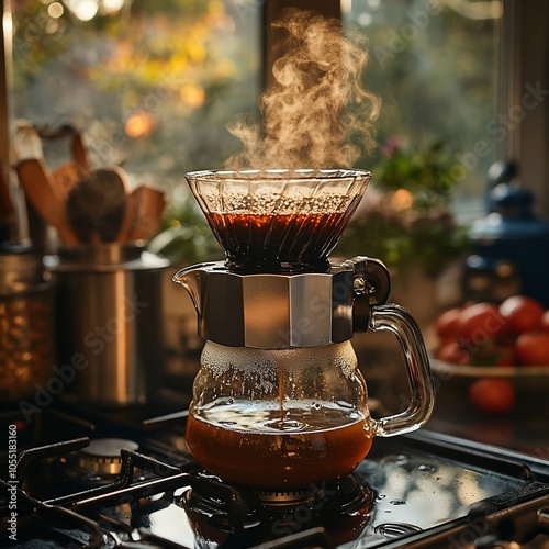 A glass coffee pot with a pour over coffee maker brewing coffee on a kitchen stovetop.