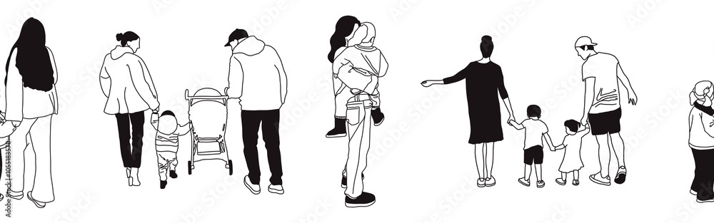 Hand-drawn doodle family border. Outline family clipart. Hand-drawn black art. Hand-drawn doodle family border. Outline family clipart. Hand-drawn black art.