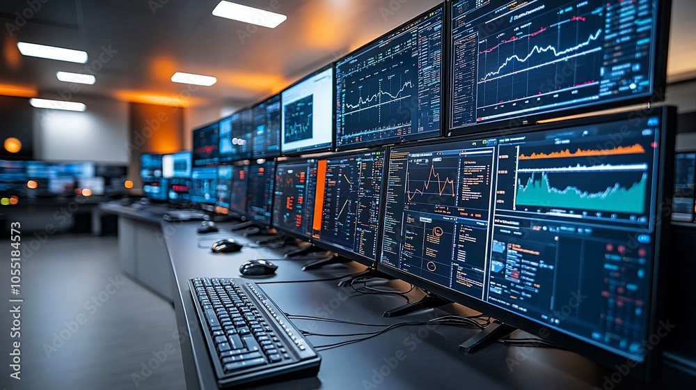 A row of monitors displaying data and graphs in a control room. A row of monitors displaying data and graphs in a control room.