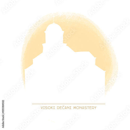 Visoki Dečani Monastery white silhouette on background of pastel shape isolated