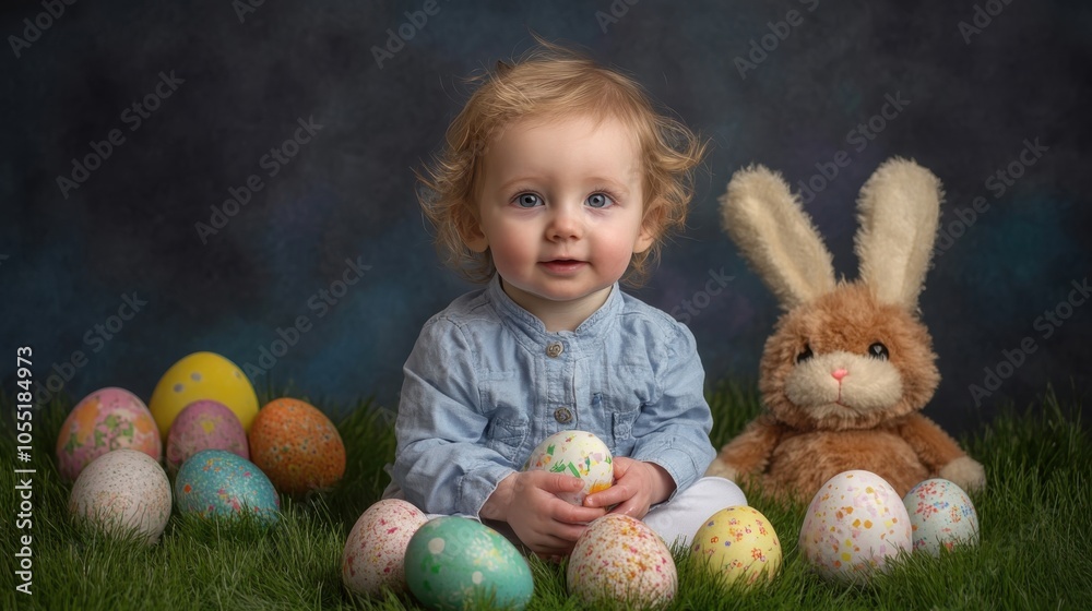 Toddler enjoys colorful Easter eggs with a plush bunny on a grassy setting during the spring season Toddler enjoys colorful Easter eggs with a plush bunny on a grassy setting during the spring season