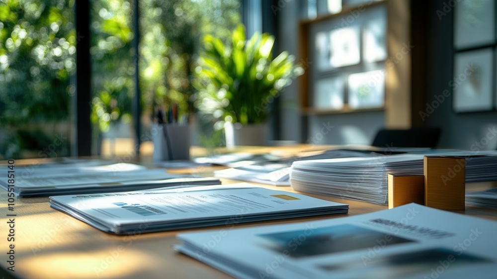 Conference table with neatly arranged product catalogs, brochures, and brand strategy documents, natural lighting Conference table with neatly arranged product catalogs, brochures, and brand strategy documents, natural lighting