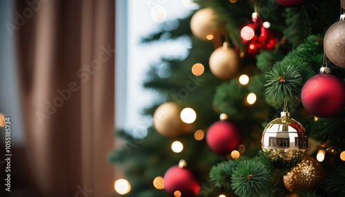 Close up christmas tree decorated with christmas balls