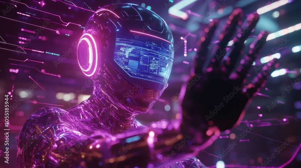 Digital Guardian Robot Protecting Data Streams with Holographic Cybersecurity Visuals Digital Guardian Robot Protecting Data Streams with Holographic Cybersecurity Visuals