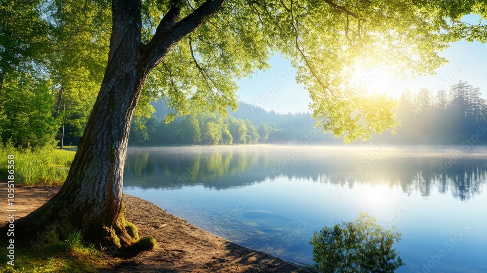 Serene Lakeside Landscape with Soft Focus and Lighting Serene Lakeside Landscape with Soft Focus and Lighting