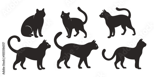 Vector illustration. Set of silhouettes of cats in different poses. Animal movement.
