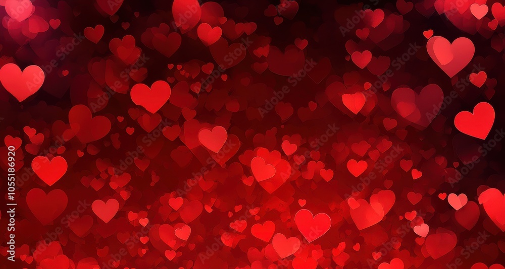 Colorful hearts floating on a vibrant red background, creating a romantic atmosphere. Concept Valentine's day or Romantic