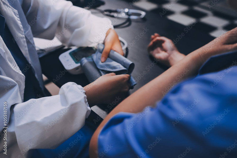 A doctor taking a patient's blood pressure. The patient's arm is equipped with a blood pressure cuff, and the doctor is using a blood pressure monitor. A doctor taking a patient's blood pressure. The patient's arm is equipped with a blood pressure cuff, and the doctor is using a blood pressure monitor.