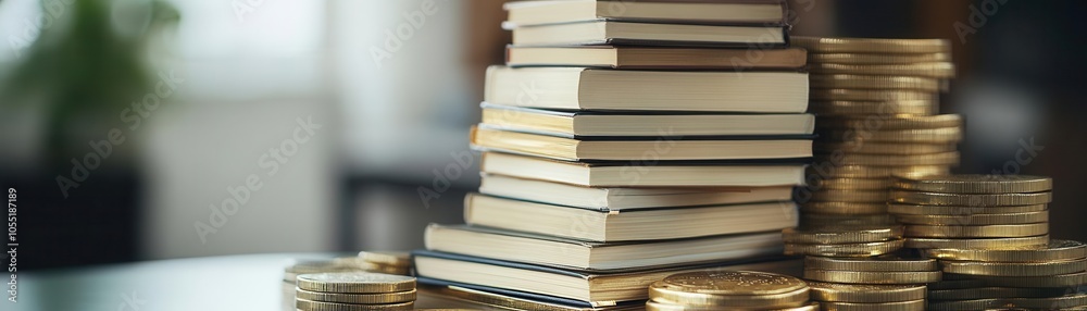 Stack of investment books with gold accents on table, representing growth mindset Stack of investment books with gold accents on table, representing growth mindset