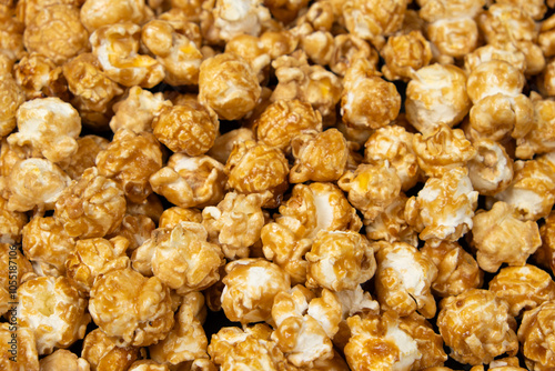 Sweet caramelized popcorn top view close up