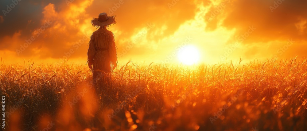 Farm field silhouette with a solitary scarecrow, warm sunset glow enveloping the landscape, serene rural ambiance Farm field silhouette with a solitary scarecrow, warm sunset glow enveloping the landscape, serene rural ambiance