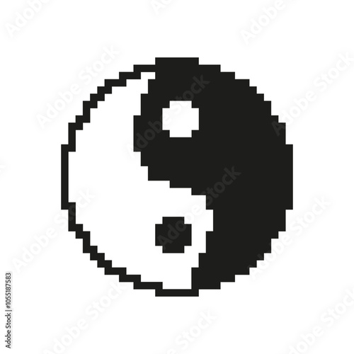 Pixelated Yin Yang Icon. Symbol of Balance and Harmony in Retro Pixel Art Style. Eastern Philosophy Symbol Representing Duality and Balance. Isolated Vector Illustration