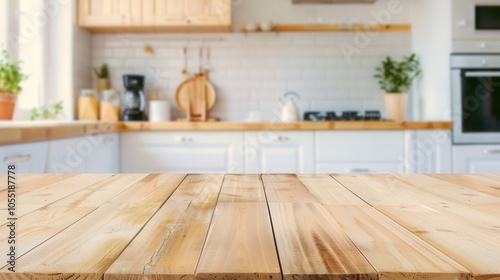 Inviting wooden table with a warm finish, complemented by a blurred open-concept kitchen, showcasing a spacious and airy interior perfect for gatherings and relaxation.