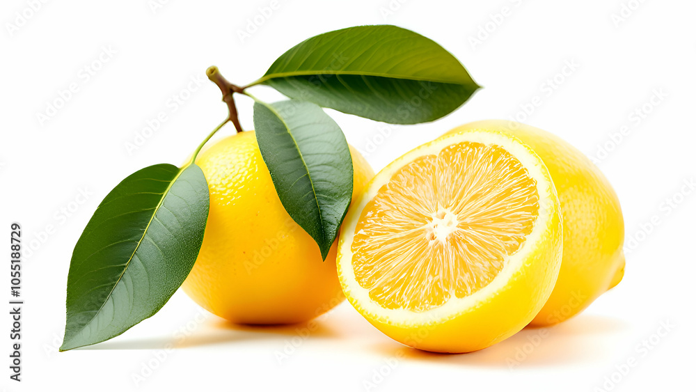 Lemons With Green Leaves On A White Background Lemons With Green Leaves On A White Background