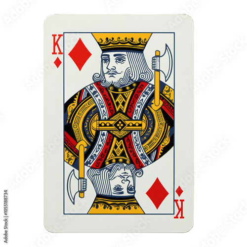 King of diamonds playing card with intricate red, blue, and yellow patterns, on a white background.