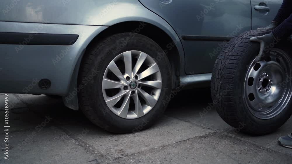Mechanic Replacing Tires: Switching Summer to Winter Tires Mechanic Replacing Tires: Switching Summer to Winter Tires