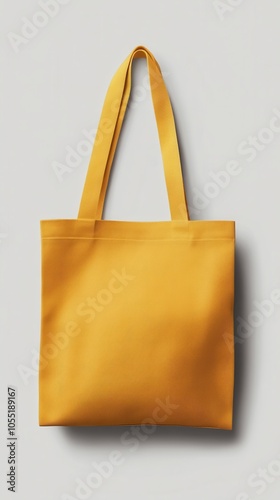 Bright yellow tote bag mockup on a light gray background for an uplifting vibe photo