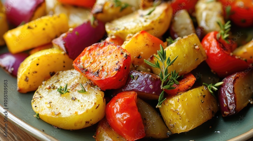 Roasted Vegetables with Herbs on a Green Plate Roasted Vegetables with Herbs on a Green Plate