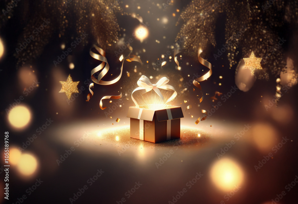 An open gift box with a white bow sits on a dark background with shimmering gold confetti and stars.