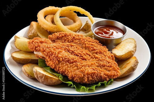 A photo of a plate with crispy fried breaded chicken fillet, fried onion rings, and fried potatoes photo