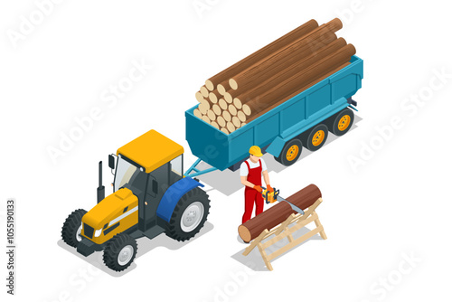 Isometric tractor with trailer loaded with logs and lumberjack male character holding an axe and wood log. Woodcutter saws tree with chainsaw on sawmill. Firewood processing.