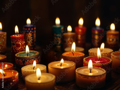 A beautiful arrangement of multi-colored candles elegantly placed on a shimmering golden tray to illuminate the festive atmosphere during Diwali celebrations