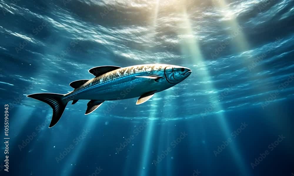 A fish swimming in clear ocean waters with sunlight above. A fish swimming in clear ocean waters with sunlight above.