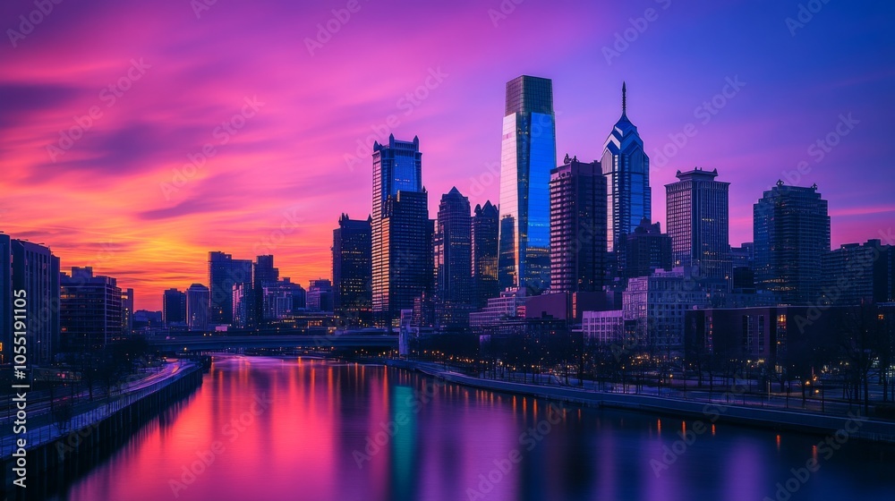 Naklejka premium Vibrant Sunset Over City Skyline Reflection