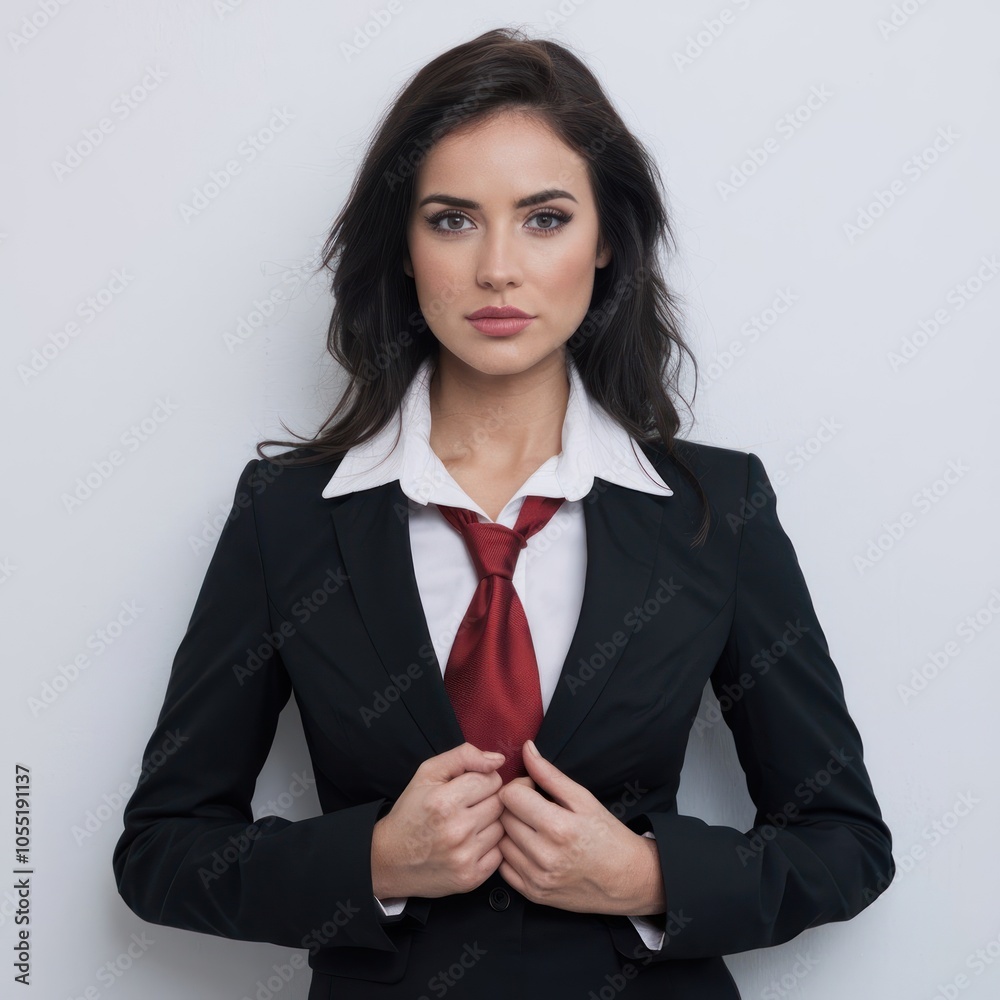 Businesswoman in a formal outfit using a mobile phone application, pointing at the smartphone screen with a focused expression, isolated over a white background Businesswoman in a formal outfit using a mobile phone application, pointing at the smartphone screen with a focused expression, isolated over a white background