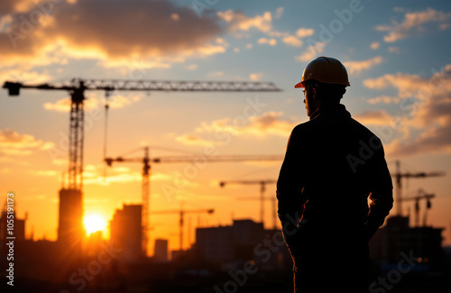 Construction Worker Silhouetted at Sunset