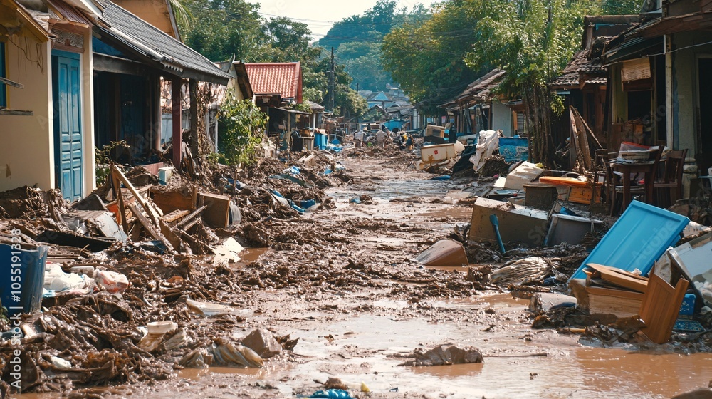 2410 95.A chaotic scene of post-flood debris in Nan Province, Thailand, where the floodwaters have left behind mounds of garbage, broken furniture, and fallen trees. Mud covers the area, with 2410 95.A chaotic scene of post-flood debris in Nan Province, Thailand, where the floodwaters have left behind mounds of garbage, broken furniture, and fallen trees. Mud covers the area, with