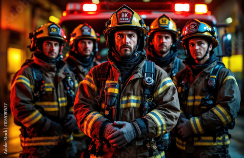 Firefighters Standing in Front of Firetruck