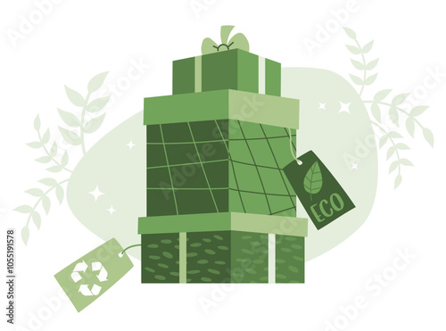 Holiday. Eco friendly shopping. Stack of festive green gift boxes with bows and tags. Vector illustration. Concept Sustainable Fashion and thrift or second hand shopping, environmental care