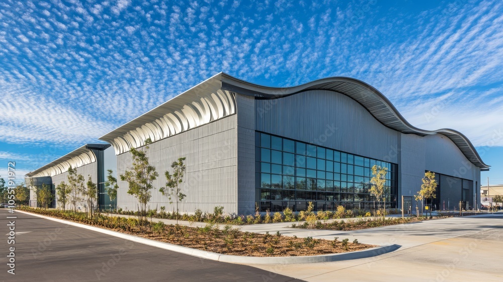 Side view of a modern industrial hangar warehouse featuring a wave-shaped roof and textured gray walls. The building's design blends aesthetic innovation with practical industrial functionality, surro Side view of a modern industrial hangar warehouse featuring a wave-shaped roof and textured gray walls. The building's design blends aesthetic innovation with practical industrial functionality, surro