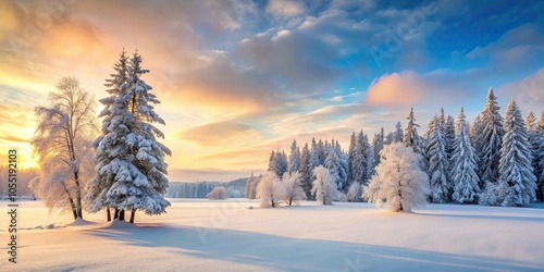 Calm winter landscape with snow-covered trees and a peaceful atmosphere, Winter, Landscape, Snow, Trees, Serene, Tranquil, Cold