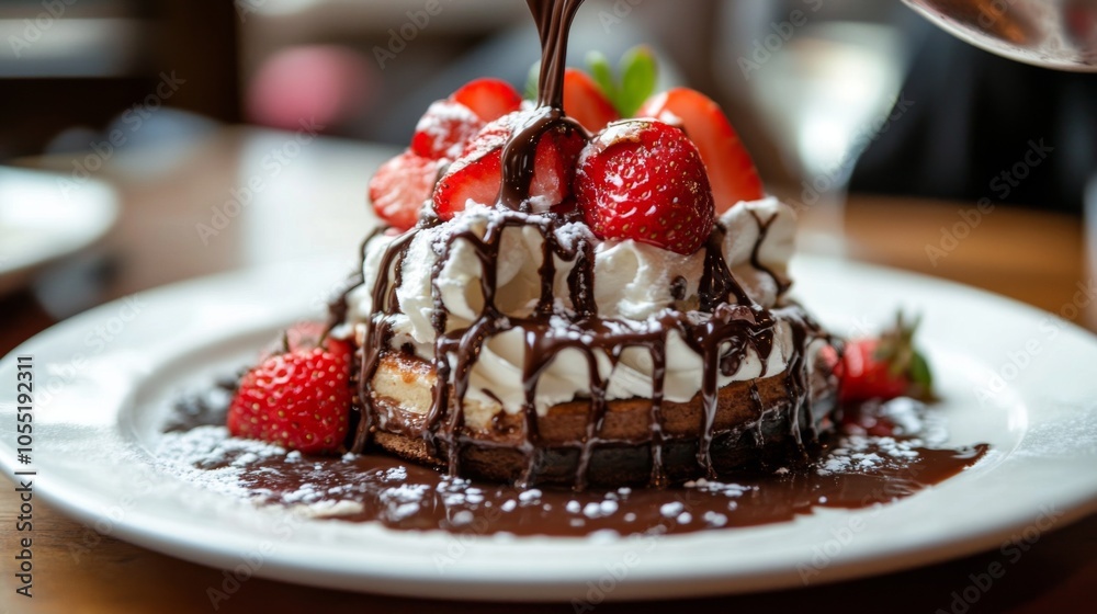 Delicious dessert topped with chocolate and strawberries Delicious dessert topped with chocolate and strawberries
