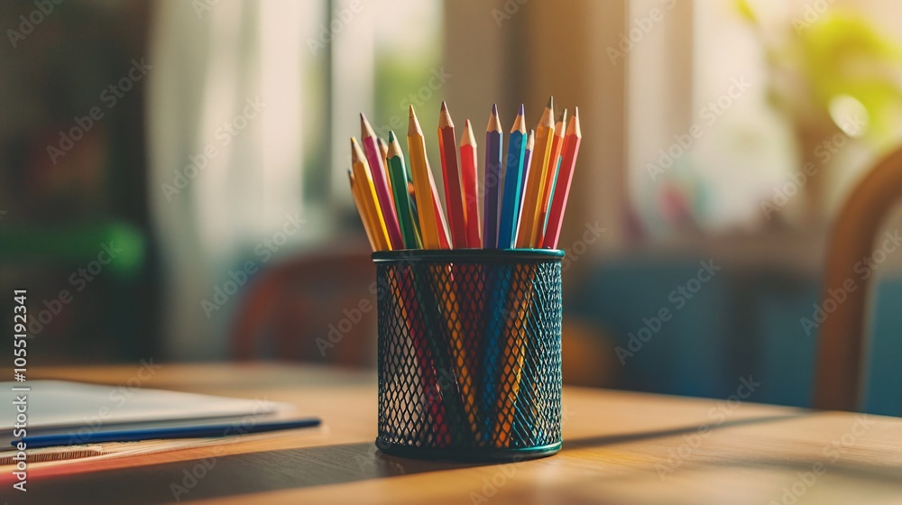 2410 4.A clean desktop featuring neatly placed school supplies, including a pencil holder filled with bright colored pencils, spiral-bound notebooks, and rulers, on a smooth wooden surface. A cozy 2410 4.A clean desktop featuring neatly placed school supplies, including a pencil holder filled with bright colored pencils, spiral-bound notebooks, and rulers, on a smooth wooden surface. A cozy