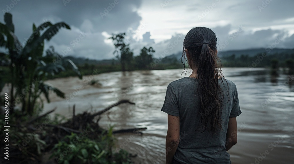 2410 80.A concerned woman standing on the edge of a flooded riverbank, looking out at the swollen river. The rain-soaked ground and cloudy skies reflect the aftermath of an intense storm, with the 2410 80.A concerned woman standing on the edge of a flooded riverbank, looking out at the swollen river. The rain-soaked ground and cloudy skies reflect the aftermath of an intense storm, with the