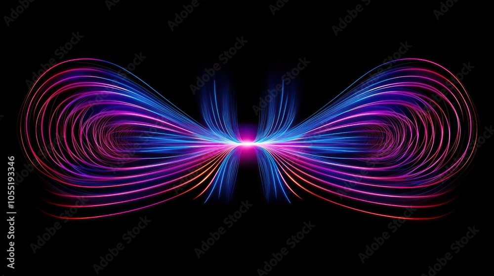 Abstract magnetic field visualization with glowing lines and arrows representing the flow of magnetic force around a central object in a dark, empty space.