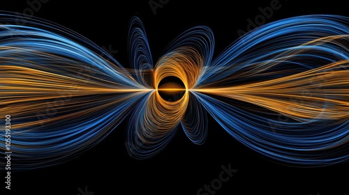 Abstract magnetic field visualization with glowing lines and arrows representing the flow of magnetic force around a central object in a dark, empty space.