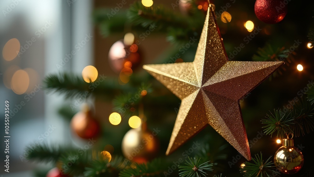 A golden star ornament with intricate swirls decorates a lush Christmas tree, surrounded by sparkling lights and colorful baubles in a festive setting. A golden star ornament with intricate swirls decorates a lush Christmas tree, surrounded by sparkling lights and colorful baubles in a festive setting.