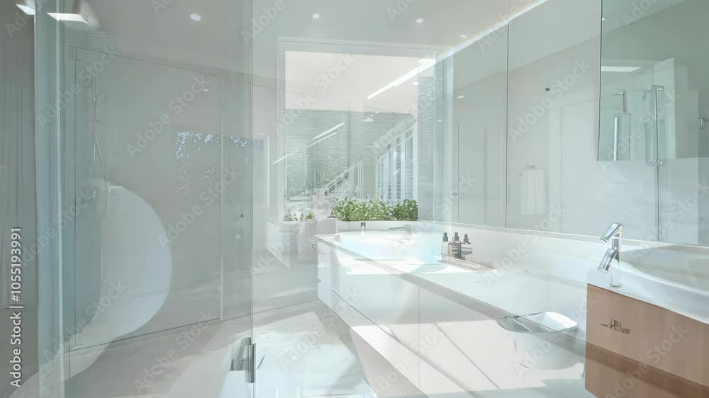 A bathroom with a large mirror and a white sink