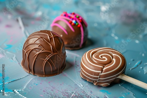 Assorted Chocolate Lollipops - Sweet Candy Treats on blue background photo