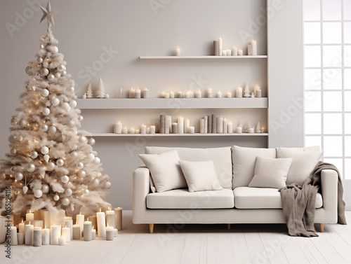 Simple minimalist wabi sabi and japandi style living room in light colors decorated for Christmas. Wabisabi christmas decor. Clean look Christmas interior.