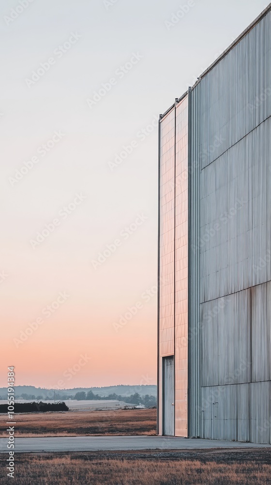 Fototapeta premium Minimalist architecture meets serene landscape at sunset. 