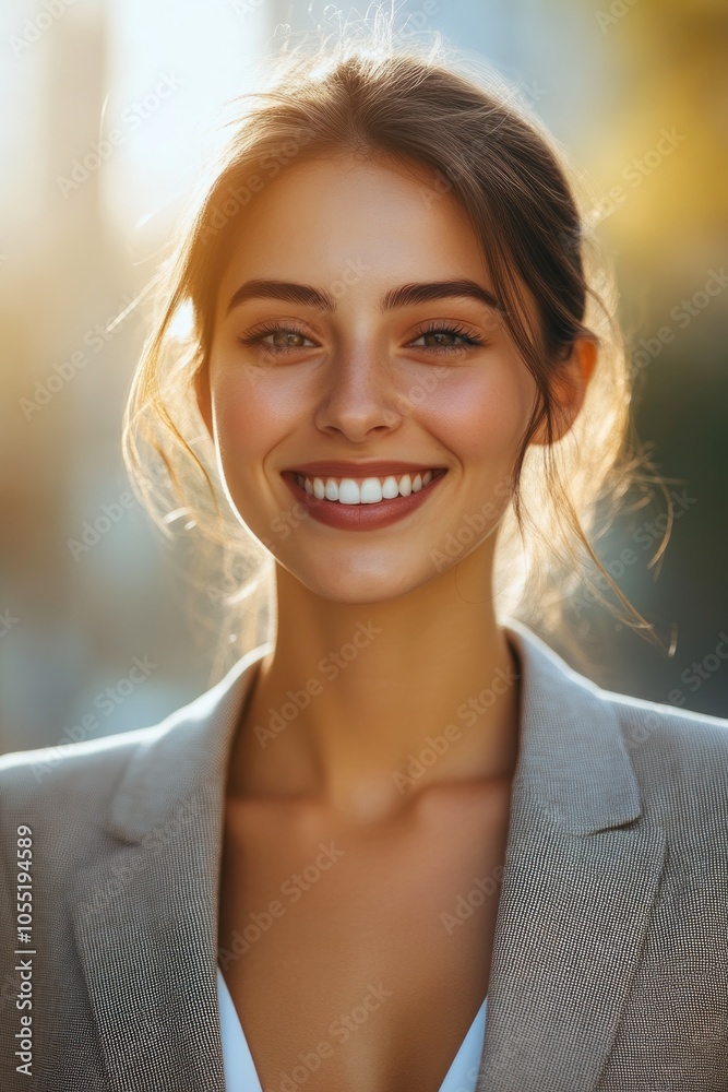 Charming Real Estate Agent Smiling Beneath Bright Sunlight Charming Real Estate Agent Smiling Beneath Bright Sunlight